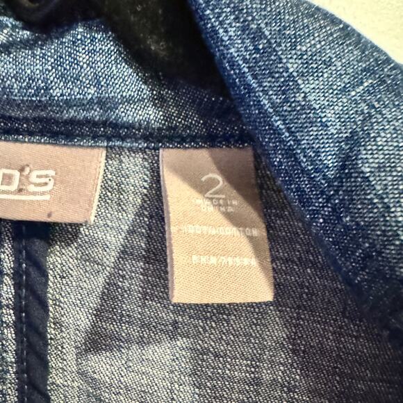 Chico's Denim Jacket Blue Drawstring Collar Button Up Roll Tab Long Sleeve Sz L - Picture 3 of 5
